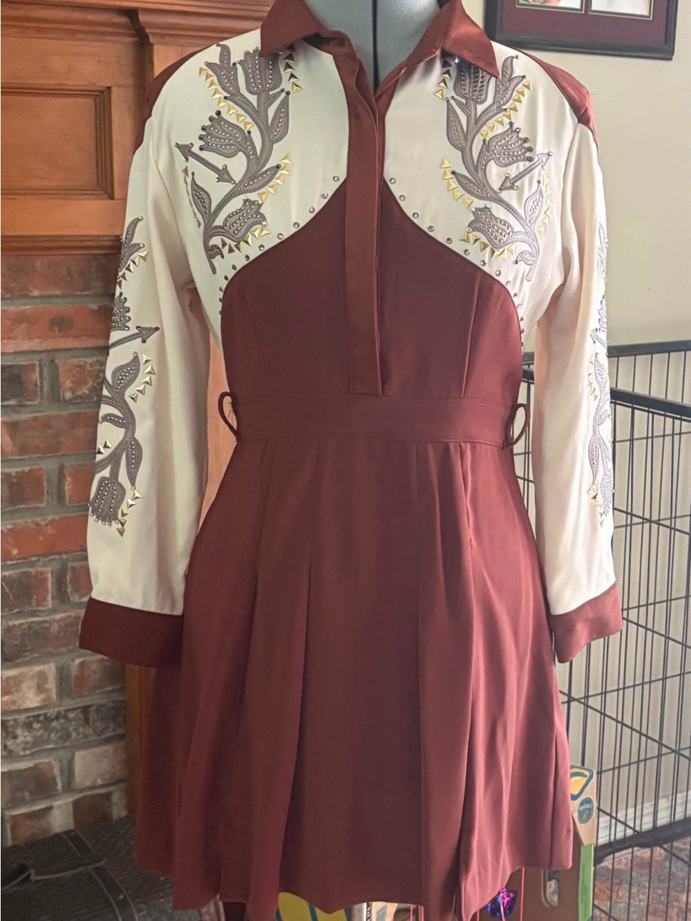 Glamorous Burgundy and Cream Embroidered Long-Sleeve Shirt Dress